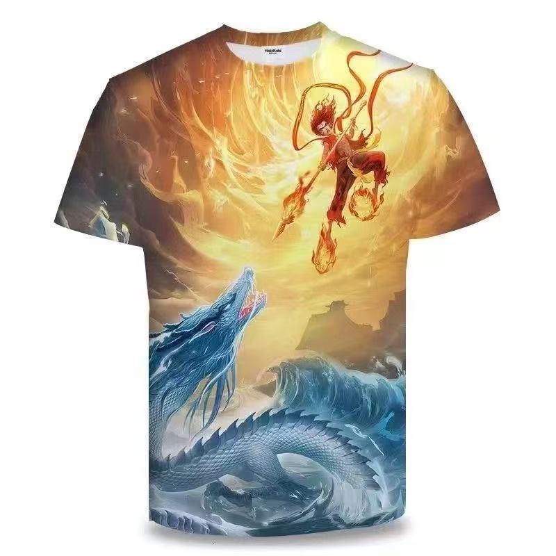 Summer 2025 Nezha Children's Sea Of Troubles Personalized T-shirt For Men's Designer T-shirt 3D Printed Fashionable Casual Top Short Sleeve