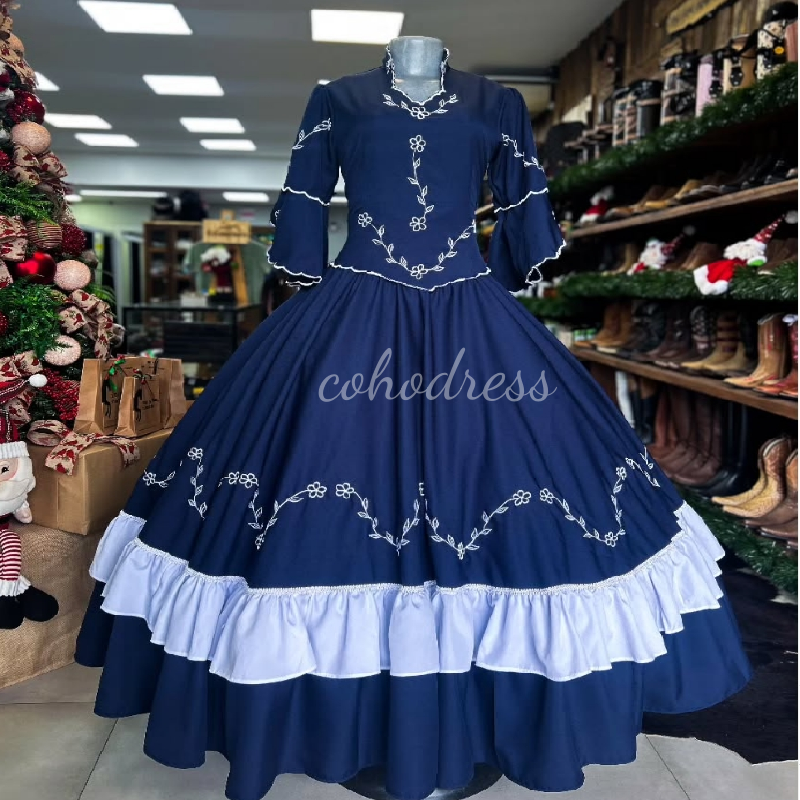 Mexican Navy Embroidery Evening Dress Jalisco Long Sleeve Carnival Women's Prom Dress 2025 Caucasian Birthday Formal Occasion Dance Dress Vestio 