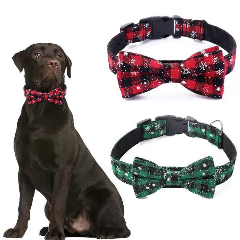 Dog Collar with Bow tieChristmas Plaid Snowflake Dog Collar with Adjustable Buckle Suitable for Small Large Dogs Cats Pets W250219