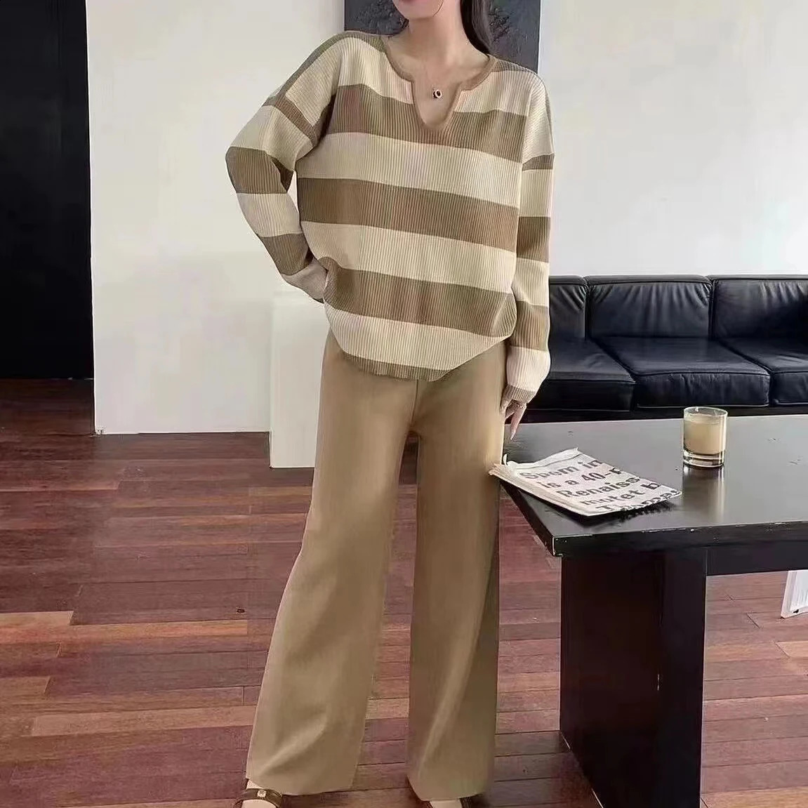 Casual Elegant Knitted 2-pieces V-neck Striped Long Sleeved Top Wide Leg Solid Loose Pants In Mathing Set Women Trend 250218