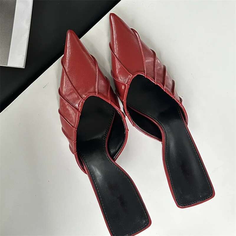 Spring Elegant Pleated Women Slipper Sexy Pointed Toe Thin Low Heels Sgback Mules Shoes