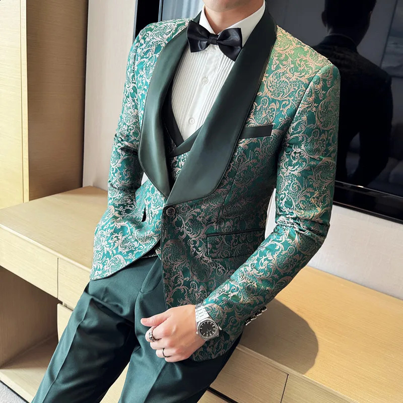 Spring Mens suit Vest Trousers British Style Business Casual Three-piece High-density Jacquard Wedding Dress 250214