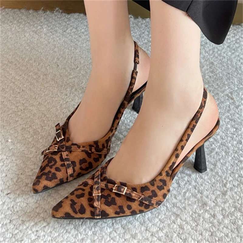 Street Style Leopard Print Buckle Woman Pumps Pointed Toe Sgbacks Shoes Sexy Low Heels Party Dress Sandals
