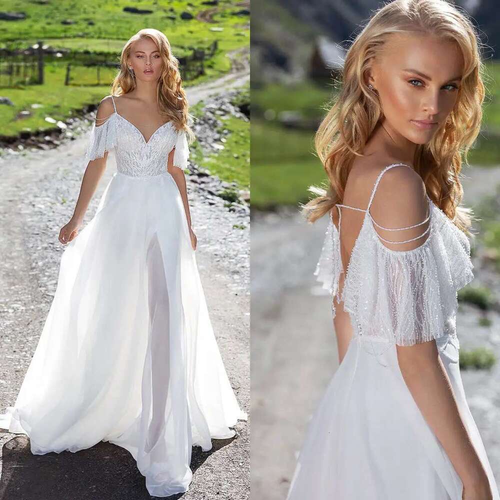 Backless A E Wedding Dresses Beading Lace Spaghetti Strap Side Slit Bridal Gown Sweep Train Vestido De Noiva Customized 6660311