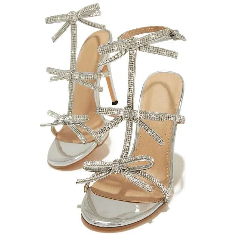 Design CRYSTAL Bowknot Narrow Band Women Sandals Fashion Buckle Strap Pumps Peep Toe Thin High Heels Shoes
