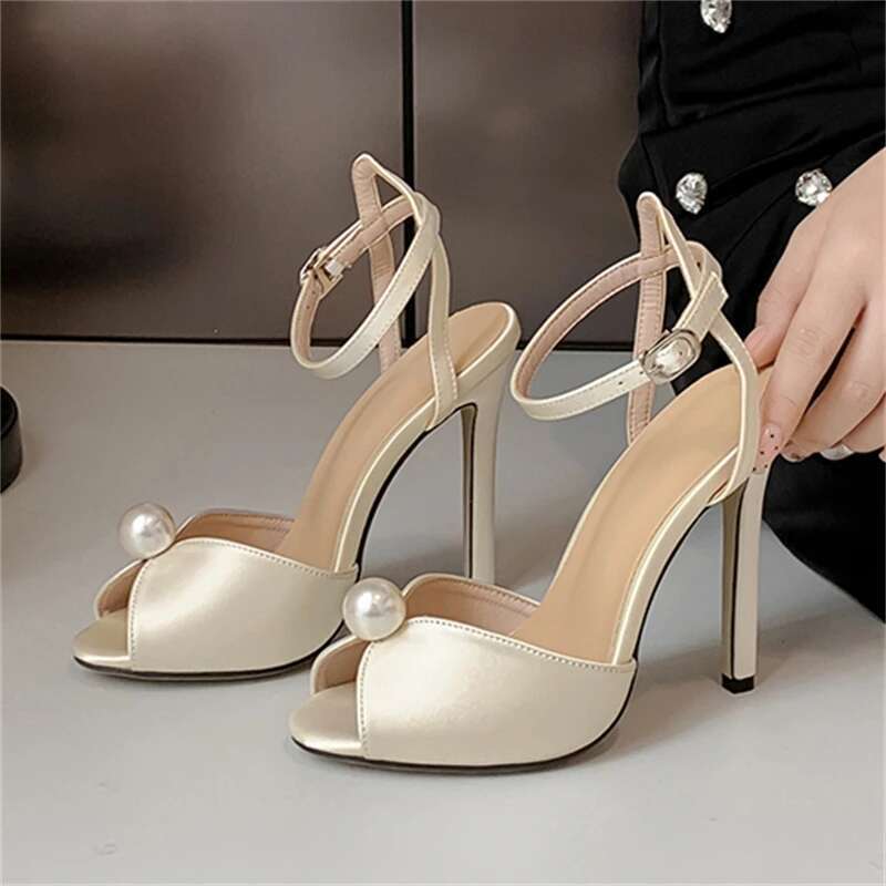 Fashion String Bead Peep Toe Woman Sandals Ankle Buckle Strap Sexy Stiletto Heels Party Pumps Shoes atos Mujer