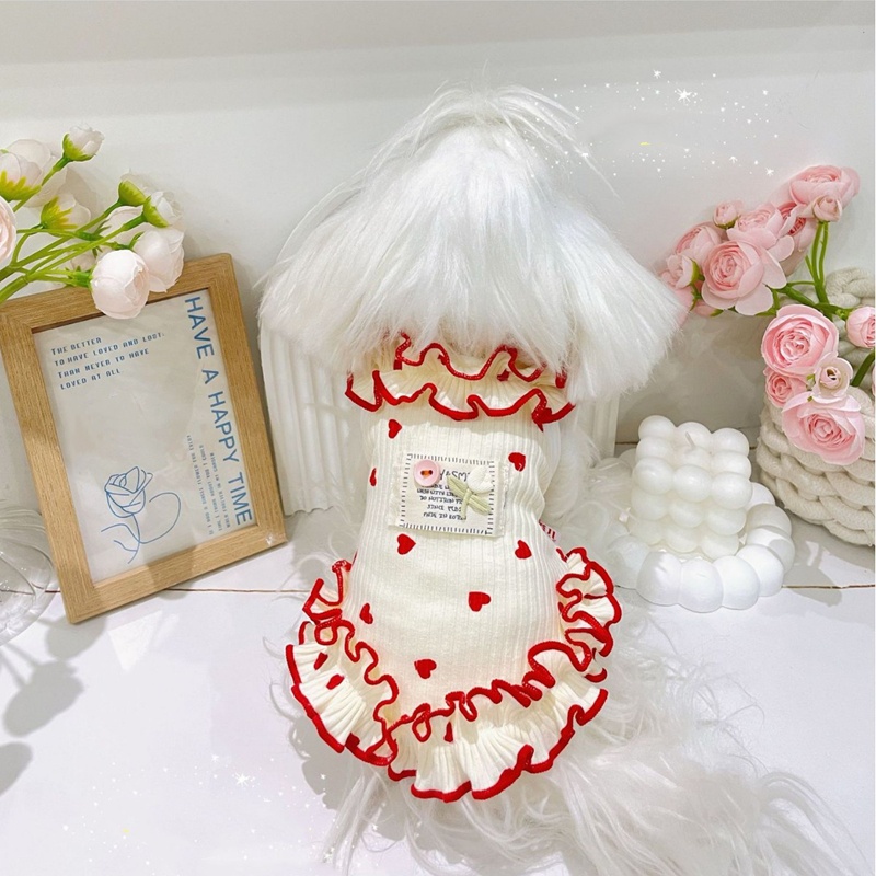 Minimalist Cat Dog Dresses with Floral Lace Trim Heart Cats Skirt Comfortable Cotton Puppy Clothes Perfect for Yorkshire Terrier, Teddy and Small Bree