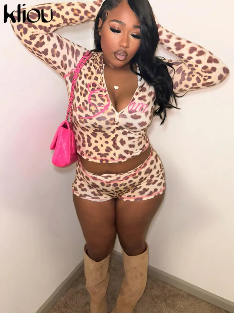kliou Matching Leopard 2 Piece Set Fashion Full Sleeve Zip-up Hooded Crop TopsSlim Elastic Waist Shorts Streetwear 250218