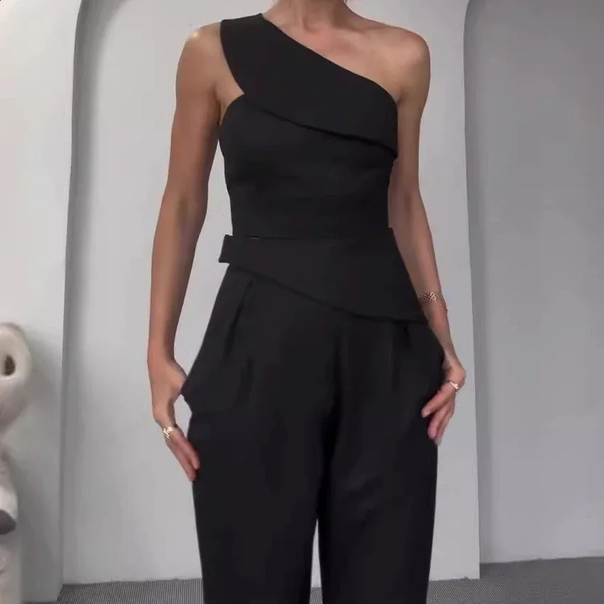 Two Piece Sets Women Pants Set Off Shoulder Sleeveless Short Tops High Waist Party Elegant Work Y2k Straight Long Pants Summer 250218