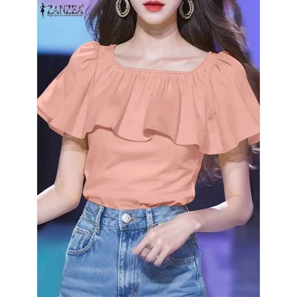 ZANZEA Women Ruffled Ing Blouse 2024 Summer Short Sleeve Shirts Fashion Holiday O-Neck Casual Loose Solid Color Tops