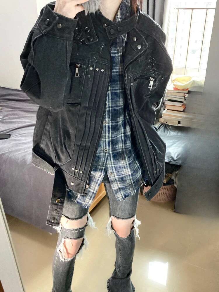 Vintage Black Denim Zipper Jackets Women Haruku Stand Neck Casual Loose Coat Streetwear Pocket Y2k Aesthetic Grunge Outwear