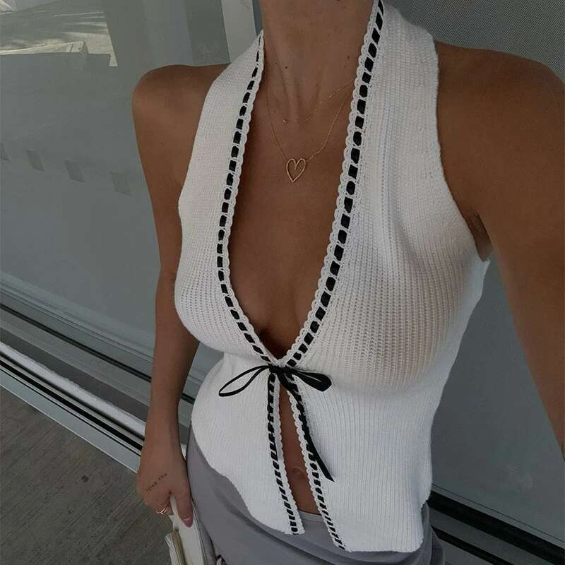 Y2k Women New Chic Vest Halter Hanging Neck Crop Sexy Sleeveless Knitted Fabric Tank Top Style Elegant Club Clothing