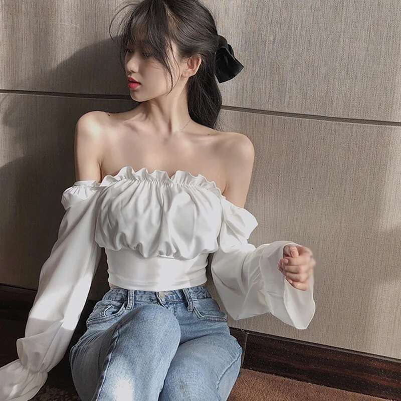 Women's Sexy Slim Bandage Long Shirt Blouses Slash Neck Autumn Puff Sleeve