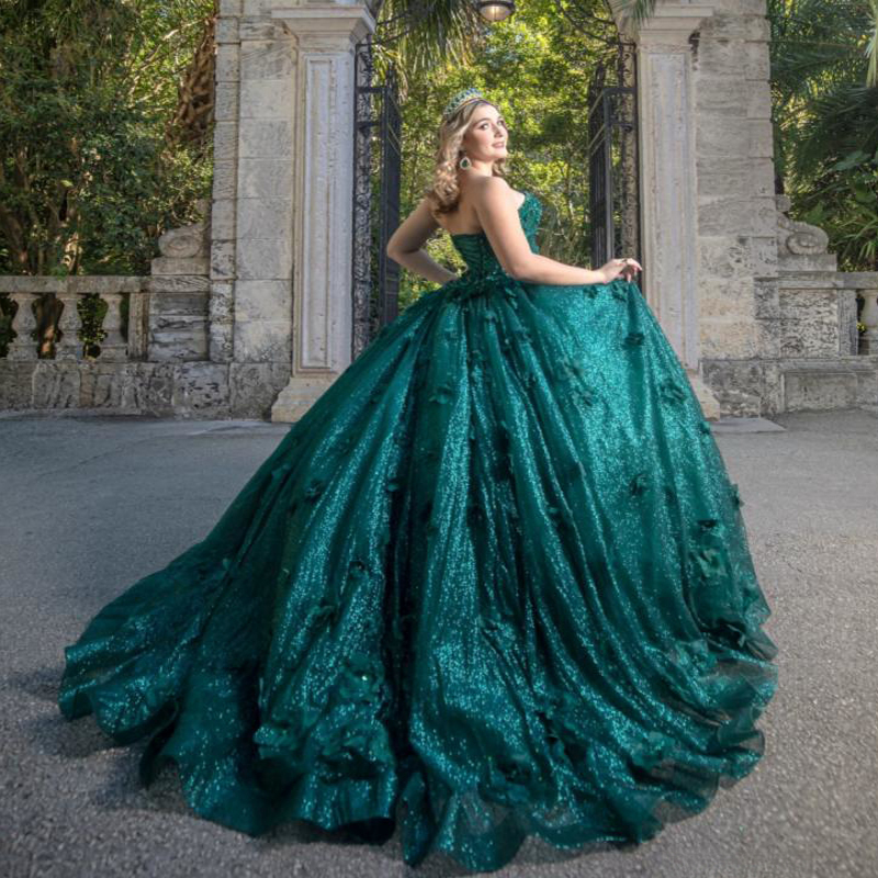 Emerald Green Shiny Quinceanera Dresses Ball Gown Off Shoulder Flower Beading Crystal Tull Sweet 16 Dress Vestidos 15 De Anos