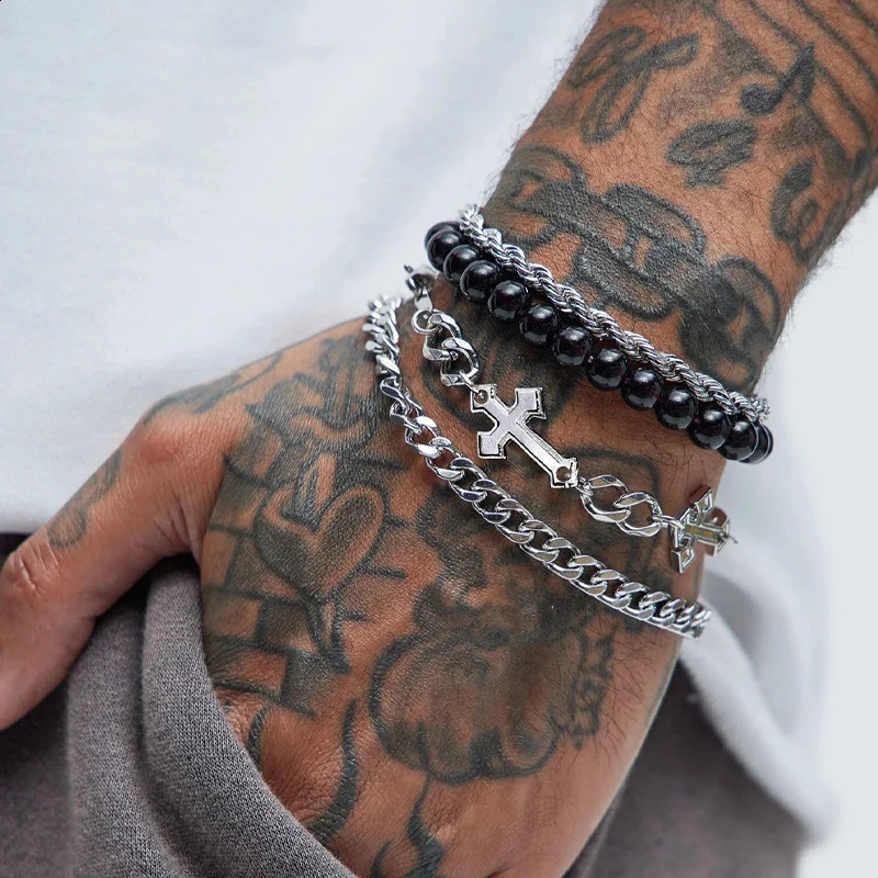 4piece stainless steel bracelet set suitable for men women punk fashionable cross bead chain simple hiphop neutral jewelry gift 250213