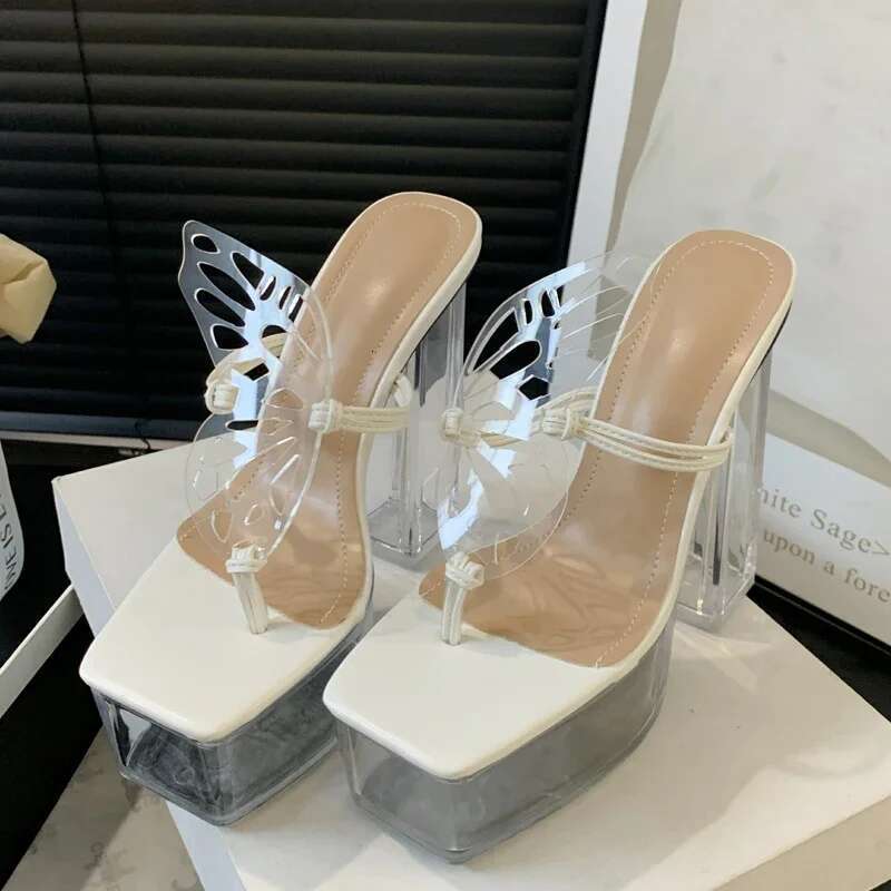 Sexy Hollow Transparent Woman Slippers Flip ps Shoes Fashion Crystal High Heels Banquet Party atos De Mujer