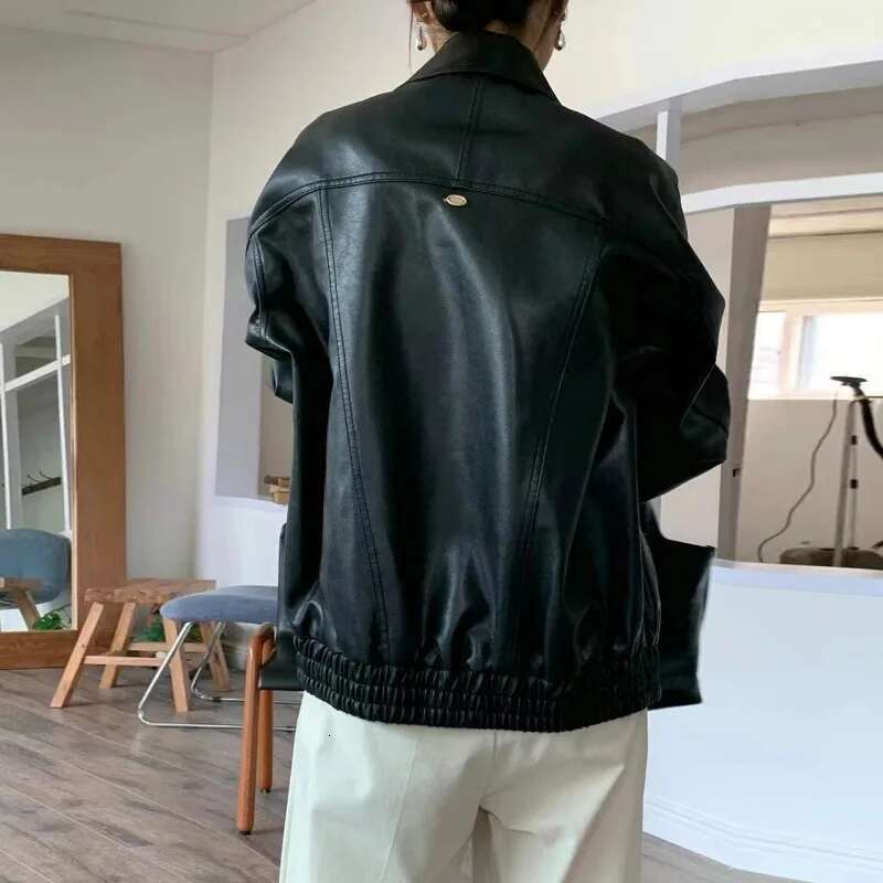 2024 New French Handsome Women Vintage Collar Zipper Loose BF Style Motorcycle Biker PU Leather Jacket Woman