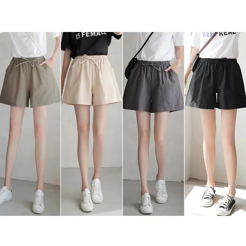 Women Shorts Spring Summer 2024 Loose Linen Cotton Solid Casual Korean Wide Leg Pant Drawstring Elastic Waist Bikers Shorts 250214