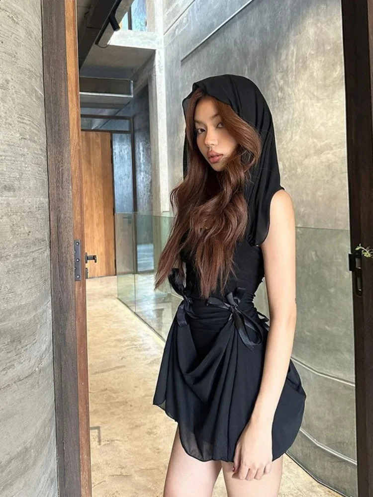 Hooded Long Dresses For Mesh Y2k Clothes Strapless Sleeveless One Piece Robe Fringe 250218