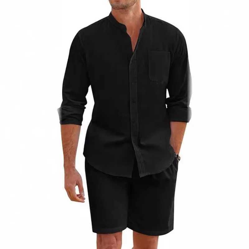 Mens Summer Two-piece Cotton and Linen Comfortable Buttoned Shirt Long Sleeved Shorts Cardigan Simple Casual Beach OutfitXJ250218