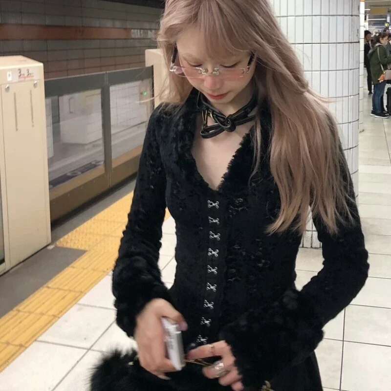 Deeptown Y2k Black Vintage Lace Gothic Women Shirt Haruku V Neck Hollow Out Long Sleeve Japanese Fashion Blouses Slim Gyaru