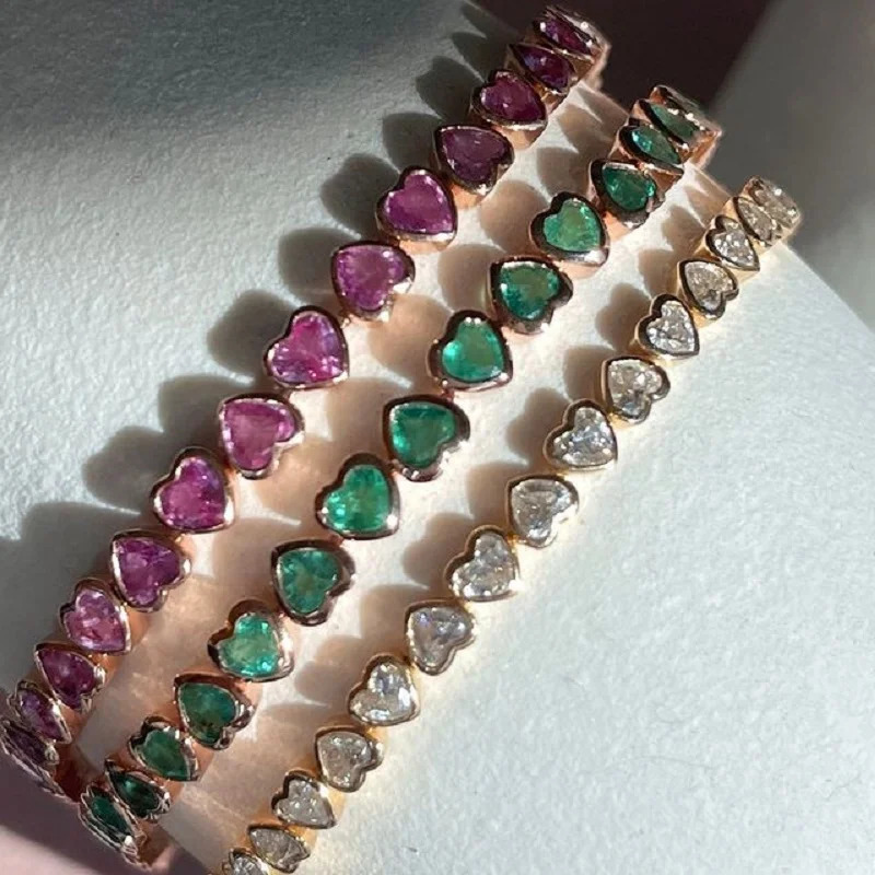 Bezel Heart Shaped CZ Tennis Chain Bracelet Gold Color White Pink Green Cubic Zirconia Fashoin Jewelry 250213