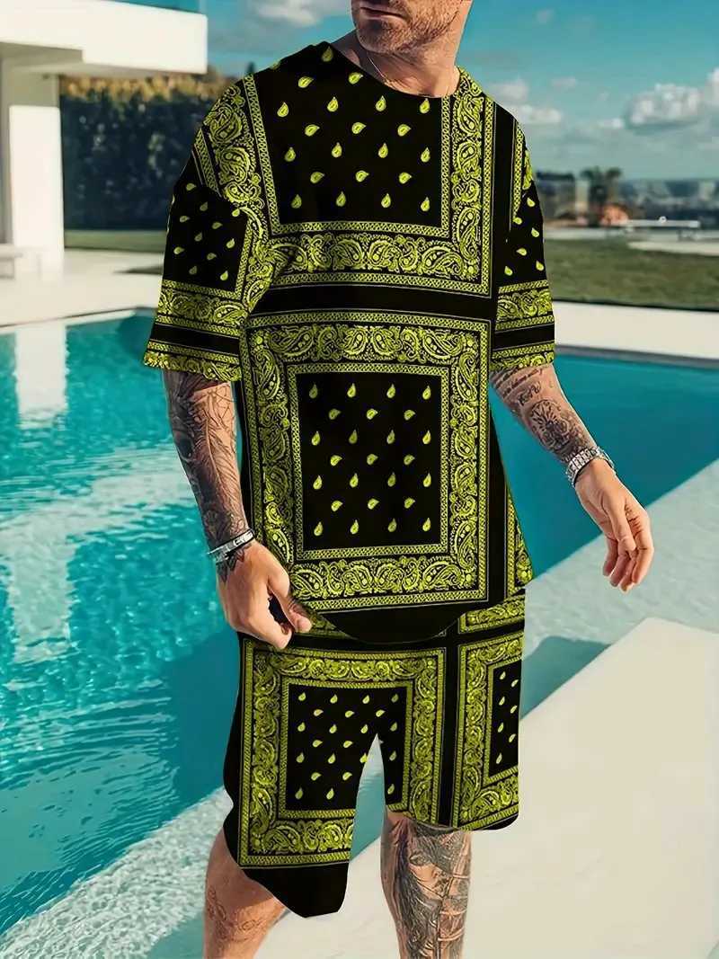 Fashion Trend Mens T-shirt Set Splicing Cashew Flower Pattern y2k Round Neck Short Sleeve And Shorts Comfortable And BreathableXJ250218