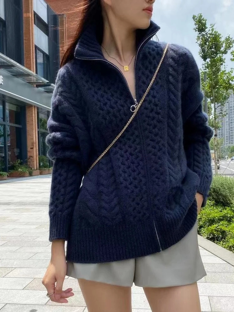 Autumn And Winter Thick Turtleneck Cashmere Knitted Cardigan Womens Loose Wool Sweater Cardigan Large Size Female Jacket Top 250214