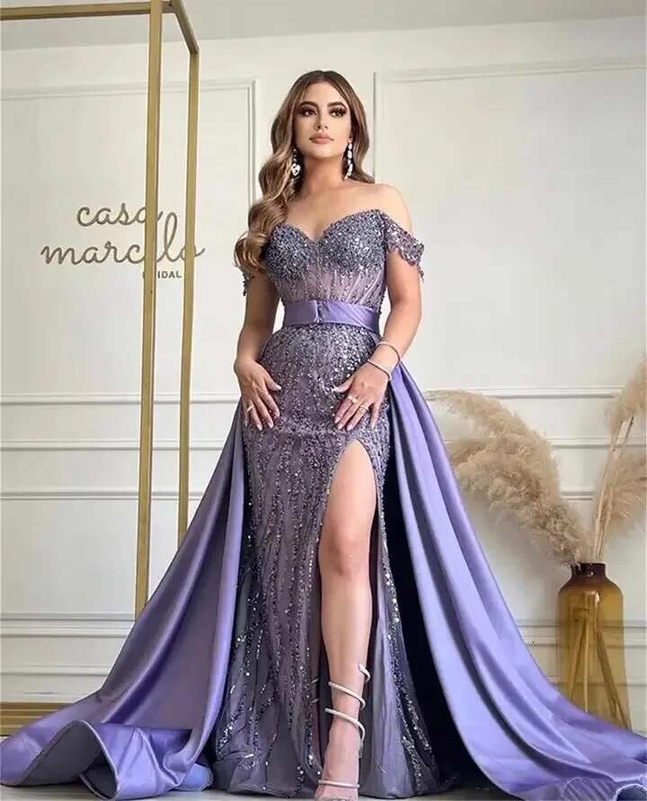 Long Beaded Evening Dresses 2024 Off Shoulder High Split Detachable Satin Skirt Prom Gown Dress for Special Ocns