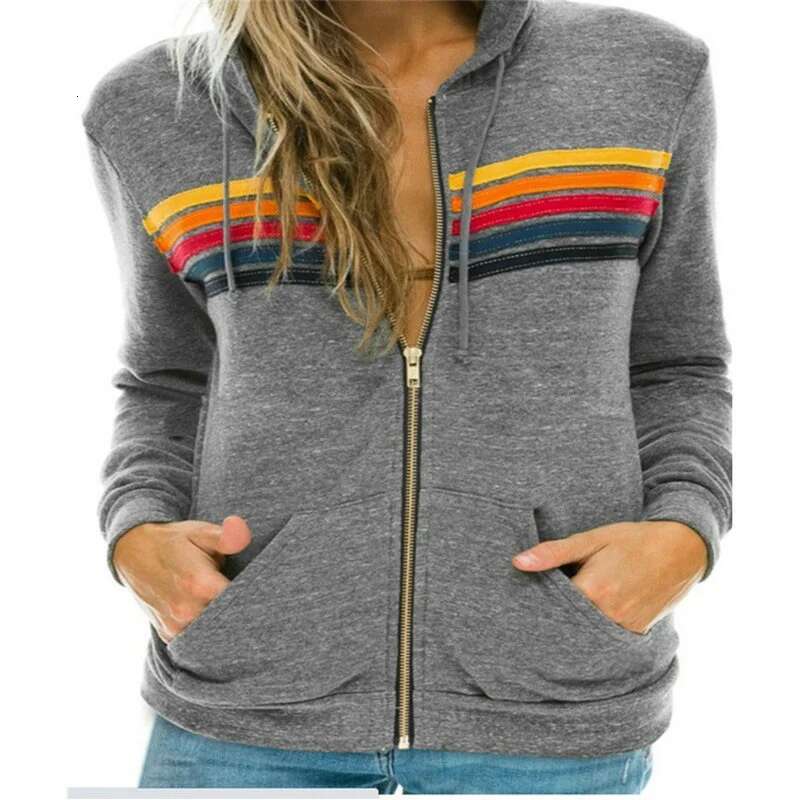 2025 Women Men Zipper Rainbow Long Sleeve Hooded Sweatershirt Haruku Elastic Hip Hop 5 Stripe Hoodies Jacket