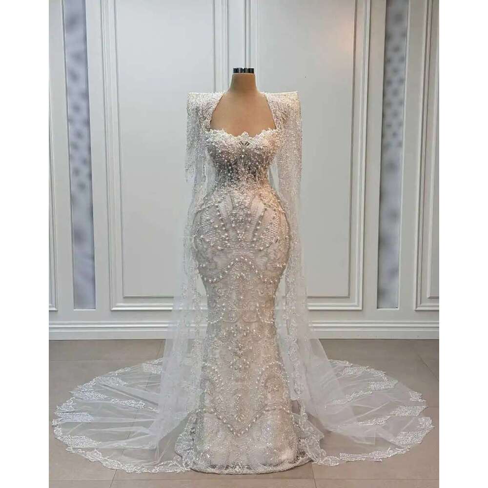 Wedding Dresses Pearls Sequins Bride Gowns with Cape Beaded Long Sleeves Custom Made Mermaid Bridal Robes