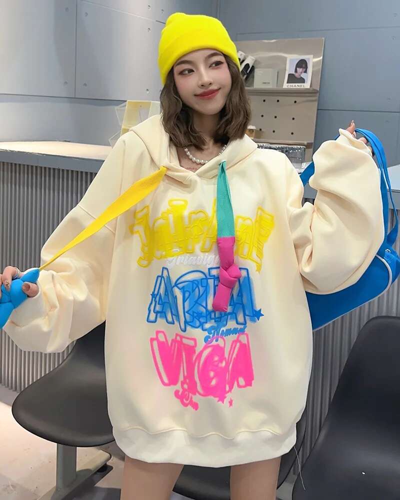 Casual Hoodies Women's Sweatshirt 2024 Graffiti Letter Pullovers Long Sleeve Tops Korean Vestidos Streetwear Bust130cm Length72