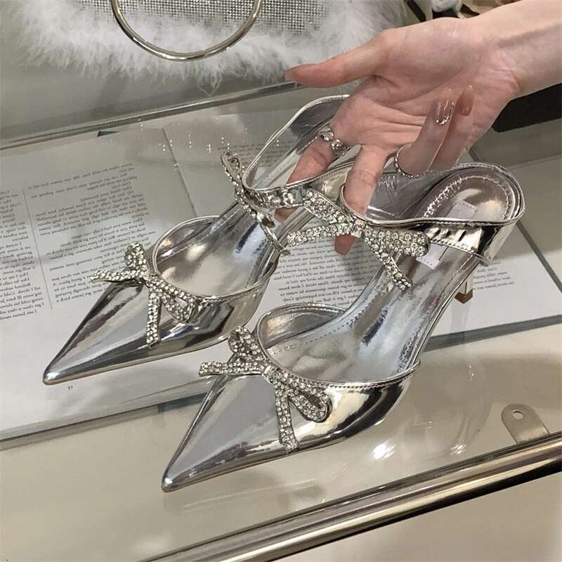 Sexy Design Crystal Butterfly-knot Pointed Toe Women Pumps Mule Shoes Fashion Buckle Strap High Heels Autumn Sandals