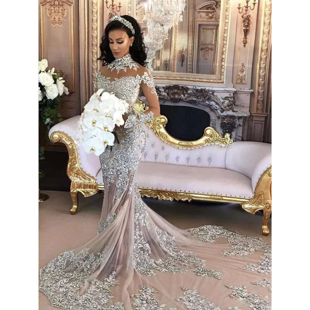 Long Sleeves Beading Formal Dresses Mermaid Party Dubai Women Lace Crystals Prom Evening Gowns