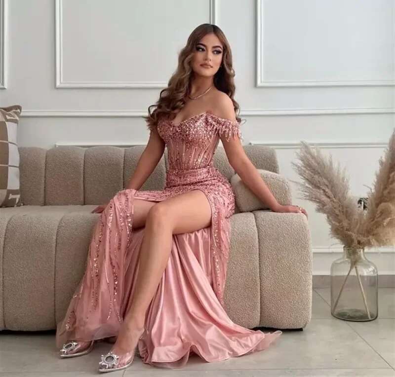Long Beaded Evening Dresses 2024 Off Shoulder High Split Detachable Satin Skirt Prom Gown Dress for Special Ocns
