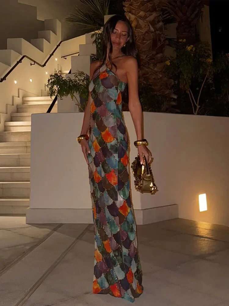 Fashion Scale Print Halter Long Dress Women Sleeveless Backless Sexy Hip Package Maxi Dresses Spring Summer New Lady Robes