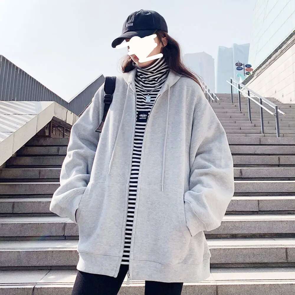 Women Solid Hoodies Coat Haruku Basic Long Sleeve Spring Autumn Loose Zip Up Casual Oversized Sweatshirts Jacket With Pocket