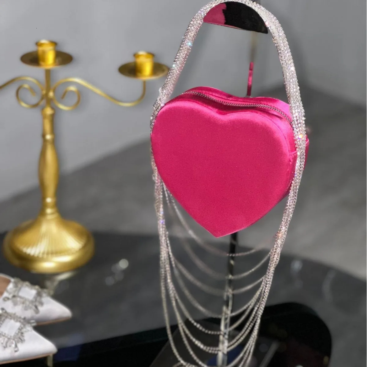 Tassel Heartshaped Silk Rhinestone Handbag Women Pink Love Shoulder Chain Crossbody Bag Fashion Evening 250218