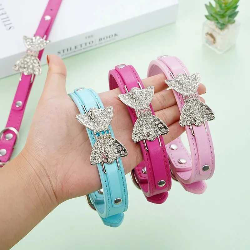 Cute PU Leather Dog Puppy Collar Bling Rhinestone Bowknot Chihuahua Collar for Small Medium Larger Dog XXS-XL Dog Accessories W250219