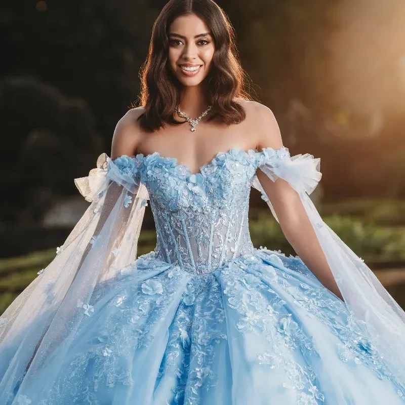 Light Sky Blue Princess Quinceanera Dresses Off Shoulder Floral Lace Appliques Puffy Ball Gown Tulle Birthday Special Occasion Gowns Luxurious Sweet 1