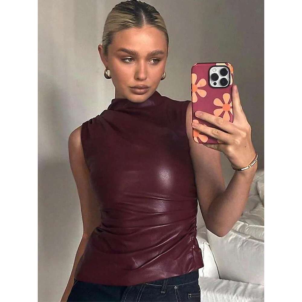 Sexy Vest Women's Y2k Retro Pu Simple Basic Vest, High Waist Slim Fit Sleeveless Top, Multifunctional Noble Shirt