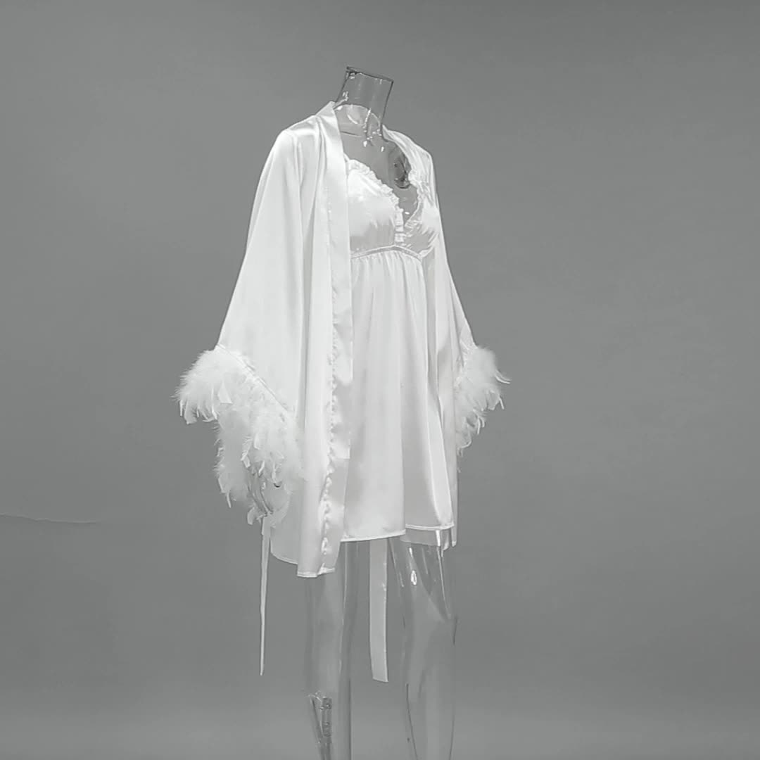 S212 Fashionable textured feather loose comfortable soft robe suspenders nightgown pajamas