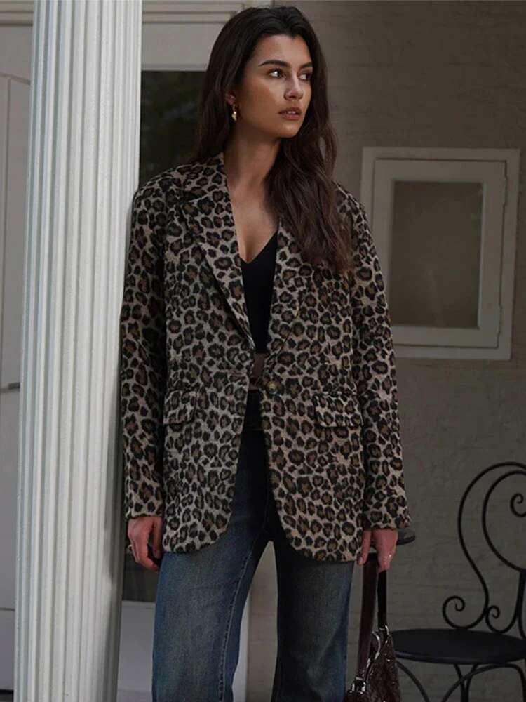 Vintage Leopard Women's Jacket Casual Lapel Single Button Coat Long Sleeve Jackets 2024 Autumn Lady New In Coats Outwears