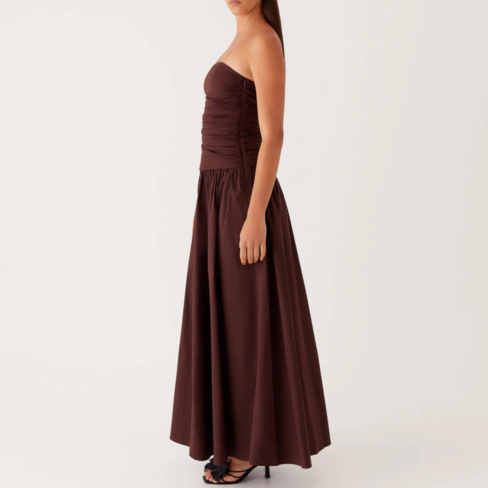 Elegant Strapless Maxi Tube Dress Women Ruched Long Sundress Boat Neck Sleeveless Strapless Flowy Dresses Party Clubwear 250218