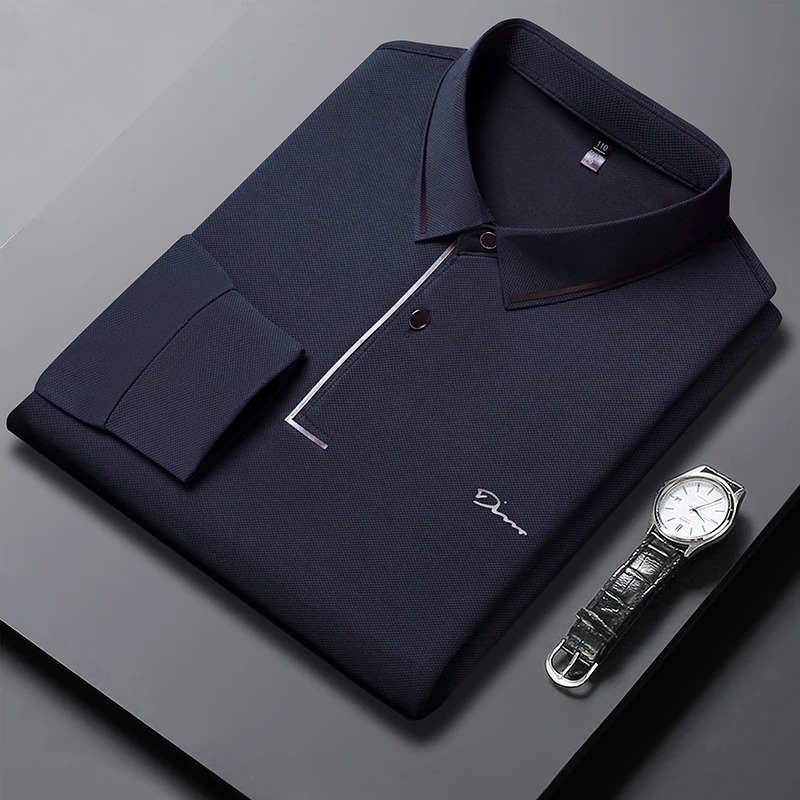 Mens Business Casual Long Sleeved Shirt with Badge Solid Color Polo Fashionable Breathable Comfortable Versatile Top y250213