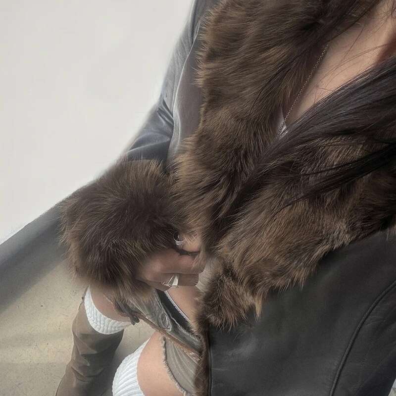 IAMHOTTY Faux Fur Patchwork Pu Leather Jacket urious Furry Collar Warm Down Coats Winter Chic V-neck Cardigan Thick Outerwear