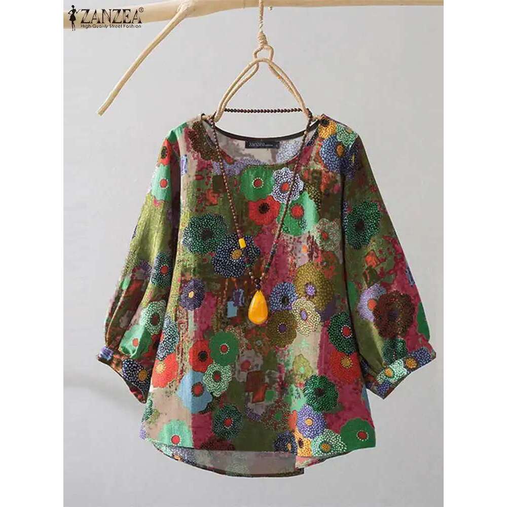 ZANZEA Women Long Sleeve Blouse 2024 Autumn Retro Ral Print Shirts Vintage Office Lady Cotton Chemise Holiday Round Neck Tops