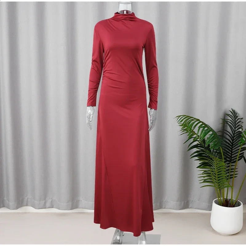 Lady Elegant Burgundy Mock Turtleneck Solid Maxi Dresses Fashion Long Sleeve Slim Hem Party Midi Robe Autumn Evening Dress Women 250218