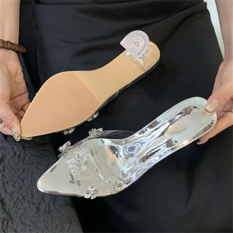 Sexy Crystal Dia PVC Transparent Pointed Toe High Heels Women Slippers Sandals Summer Slide Ladies Shoes