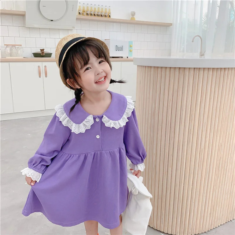 Spring and Autumn Girls Dress Lace Patch Korean Style Cute Girl Long Sleeve Collar Party Princess Dress 250219
